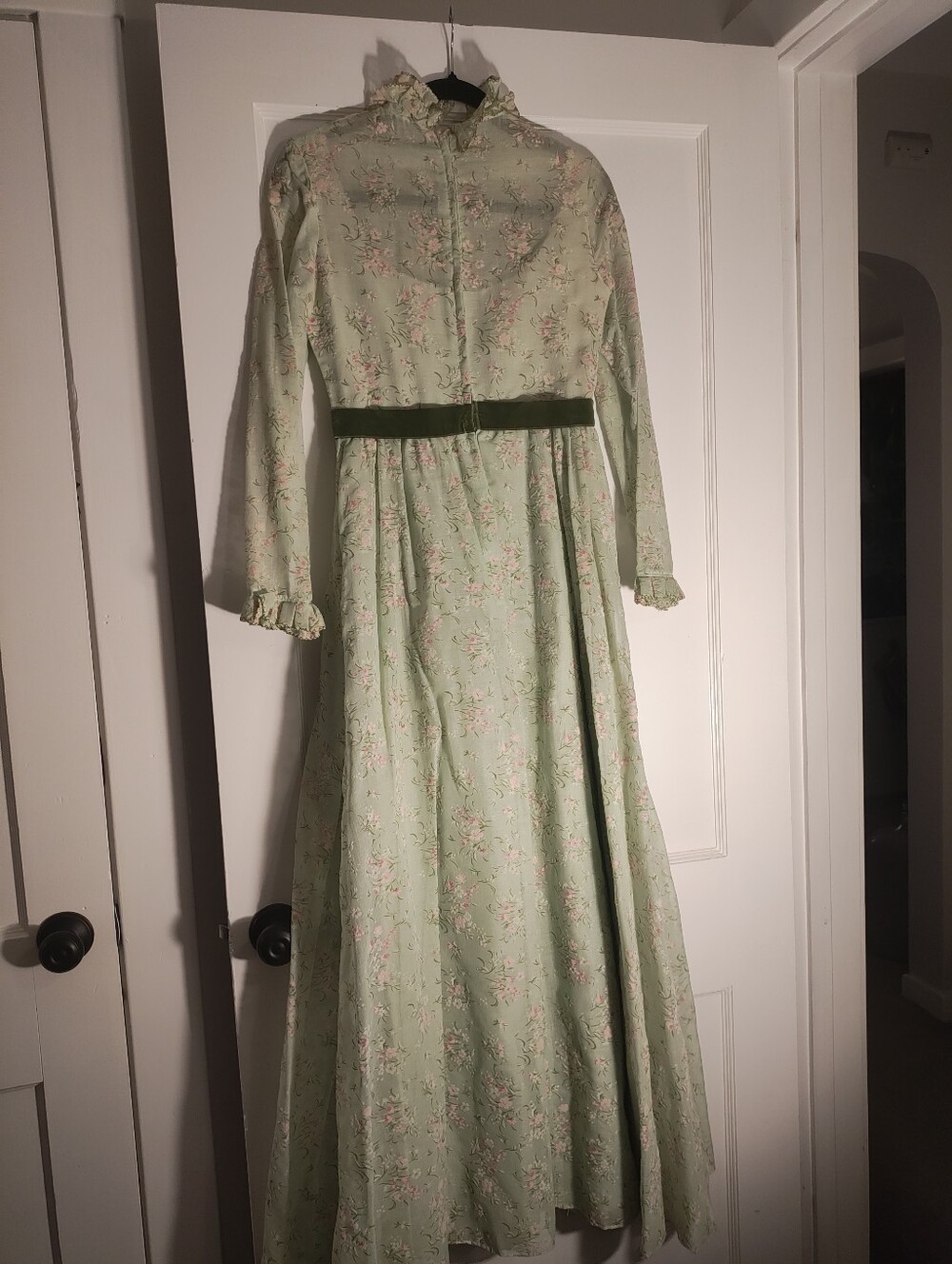 Vintage 70s Handmade Prairie Maxi Dress Floral Ruffle Velvet Belt 18" Chest